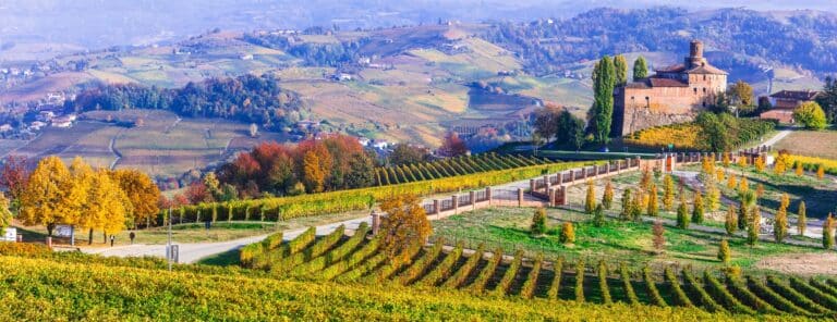 Barolo.Vineyards and castles of Piemonte in autumn colors. Italy
