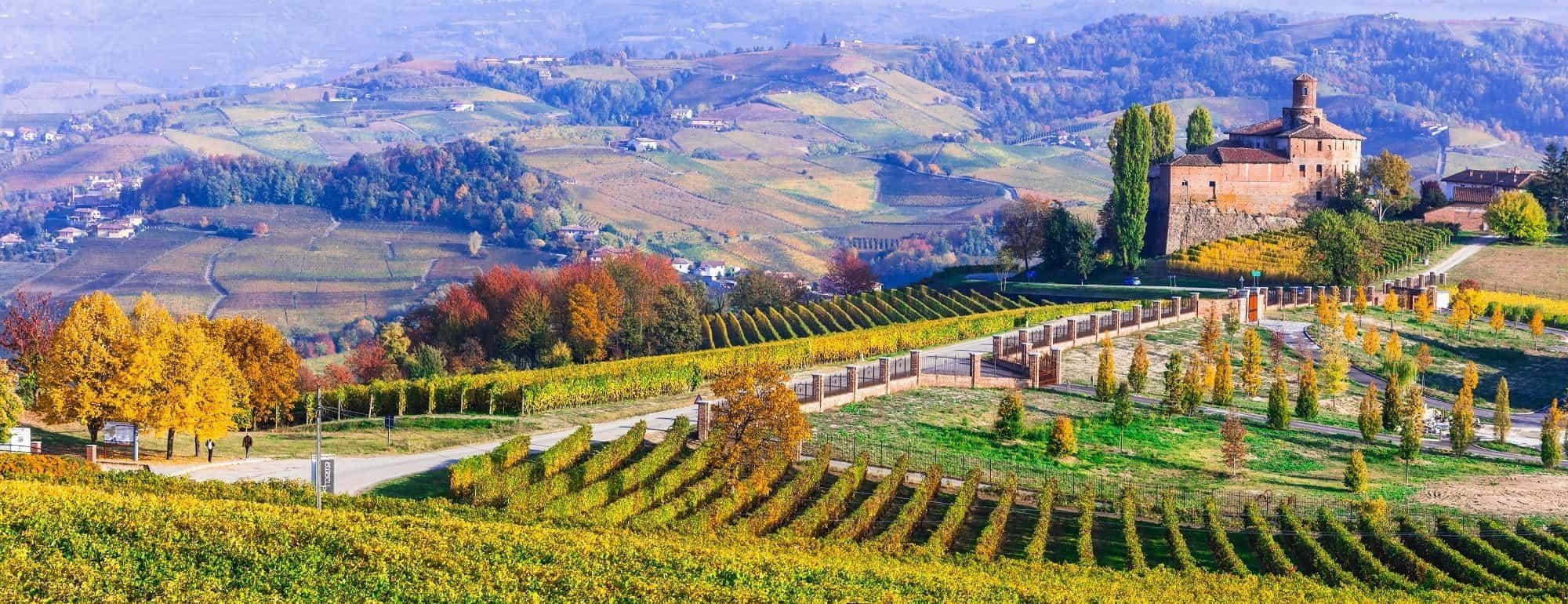 Vineyards and castles of Piemonte in autumn colors. Italy