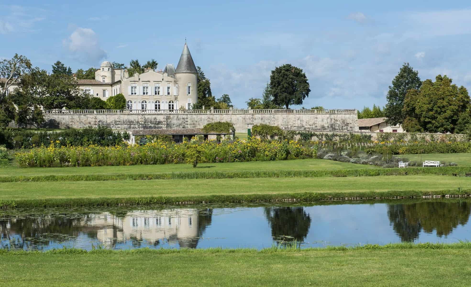 Chateau Lafite-Rothschild with Garden and Pond in Saint-Estephe Medoc France.