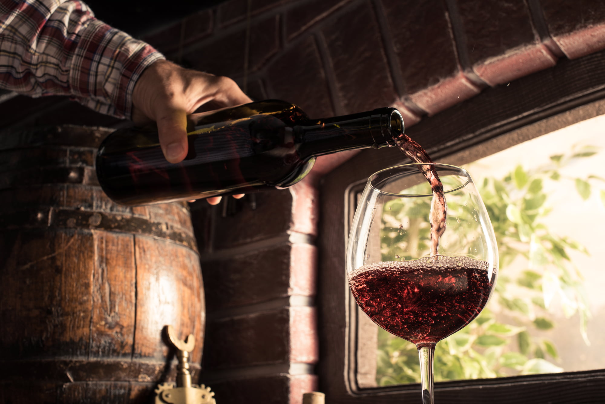Sommelier skænker rødvin i et glas ved en vinsmagning