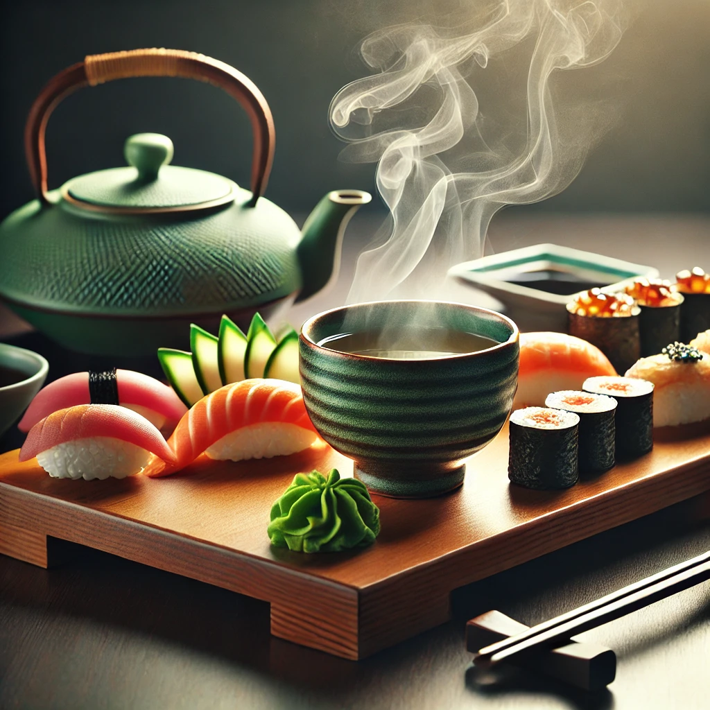 Sushi and a steaming ceramic cup of green tea (Agari) at the center, surrounded by a few classic sushi pieces like salmon