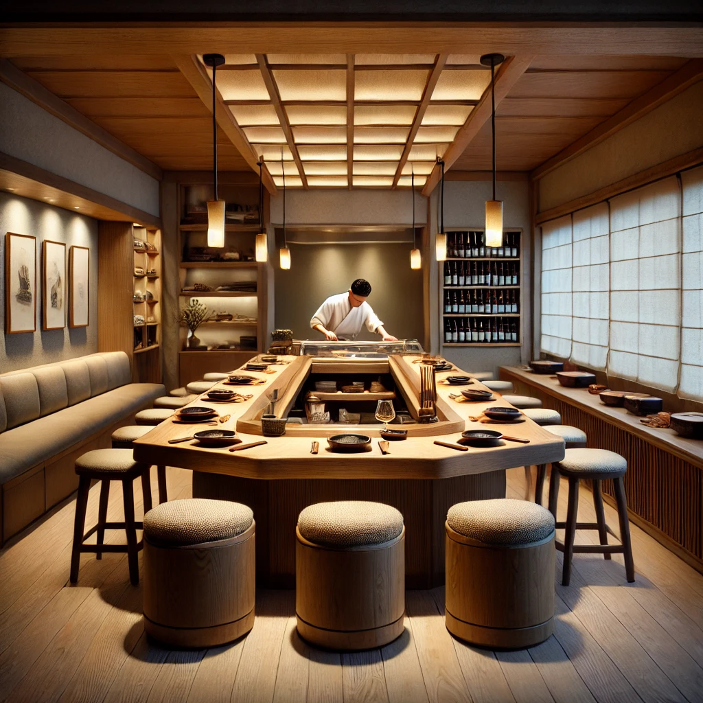 the interior of Sukiyabashi Jiro, a small, 3 star Michelin sushi restaurant in Tokyo, Japan.