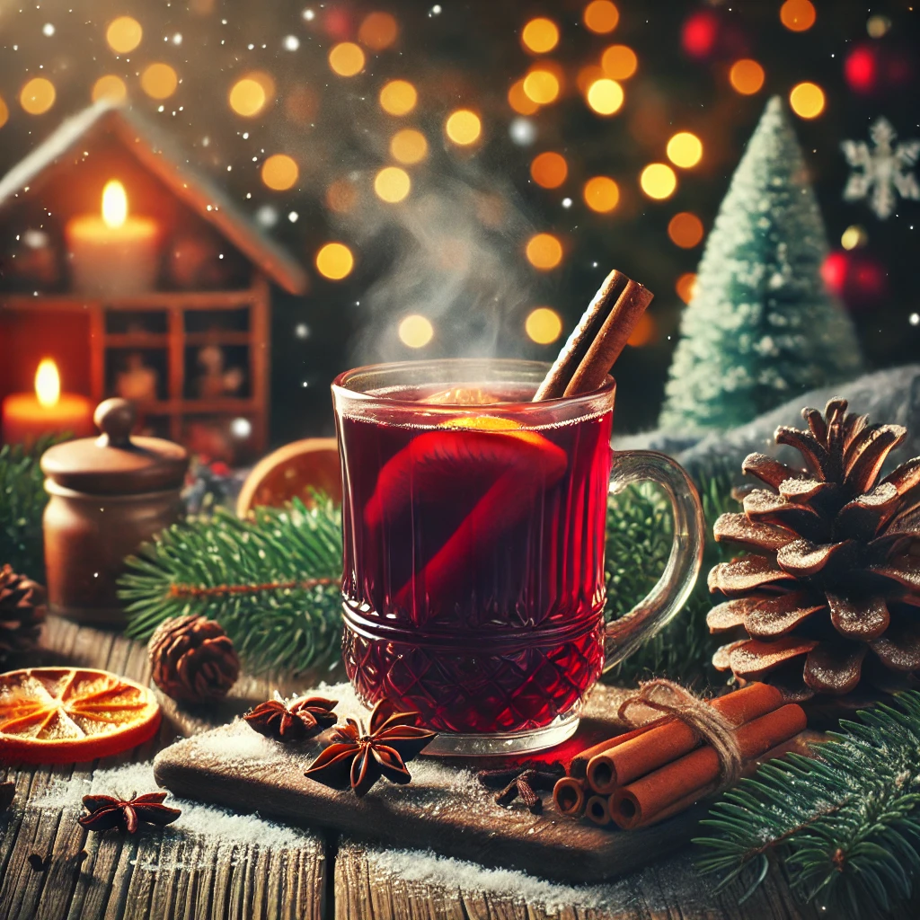 Glühwein placed on a rustic wooden table